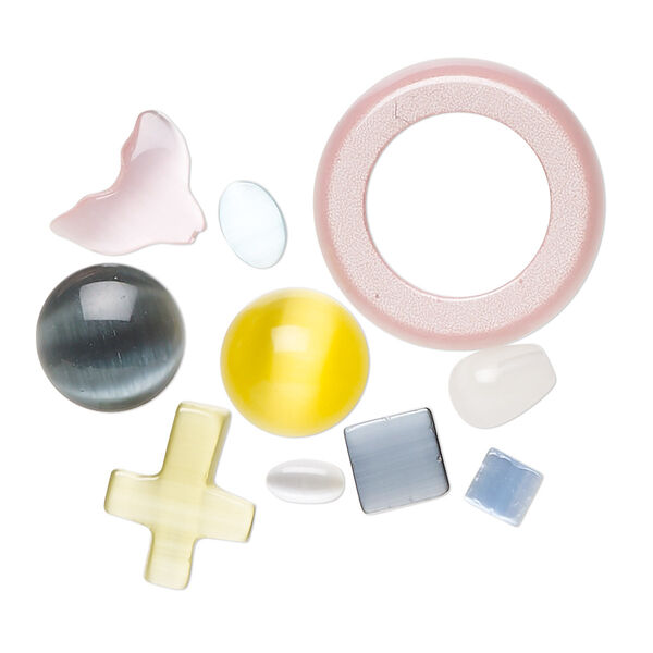 Bead and component mix, cat's eye glass, mixed colors, 2-20mm drilled and undrilled mixed shapes. Sold per pkg of 10. image number 0