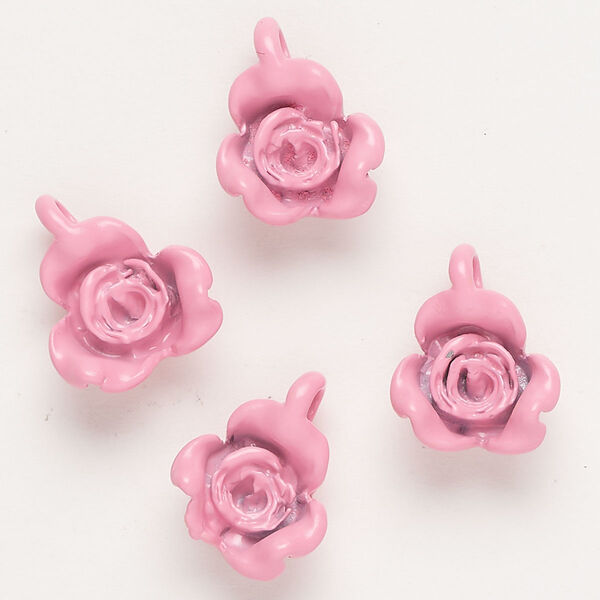 Charm, "pewter" (zinc-based alloy) and enamel, pink, 17x13mm flower. Sold per pkg of 4. image number 0