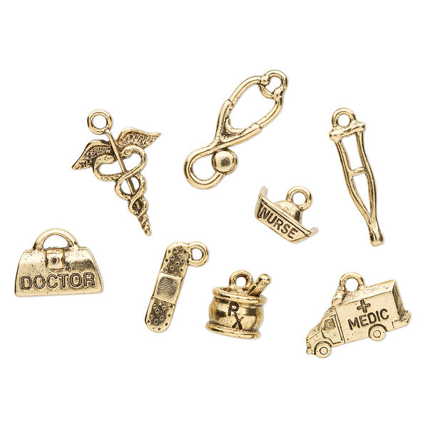 Charm, antique gold-plated pewter (tin-based alloy), 9x7mm-20x16mm medical theme. Sold per pkg of 8. image number 0