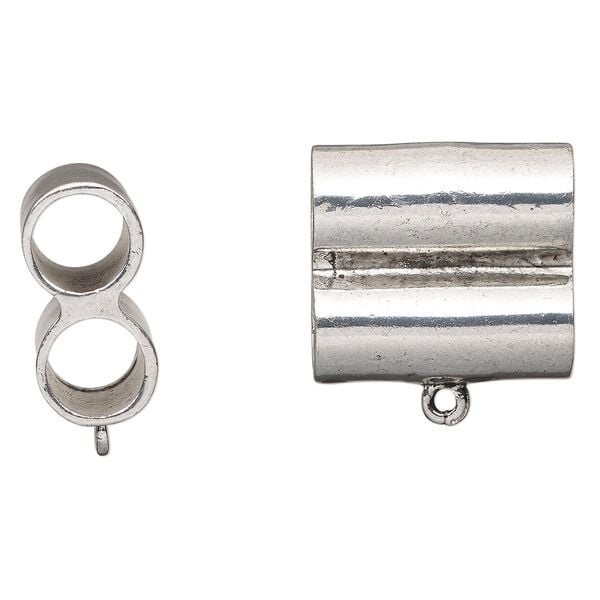 Bead, spacer, antique silver-finished "pewter" (zinc-based alloy), 28x26mm double tube with bottom loop, 10mm inside diameter. Sold per pkg of 2. image number 0
