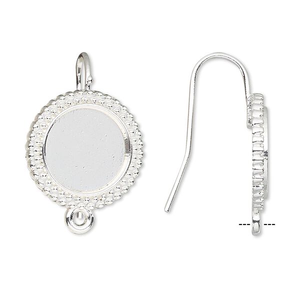 Ear wire fishhook 1pkg10, 23mm / 12mm beaded round glue-in cab setting / closed loop, 18 gauge silver-finished brass 5 pair image number 0
