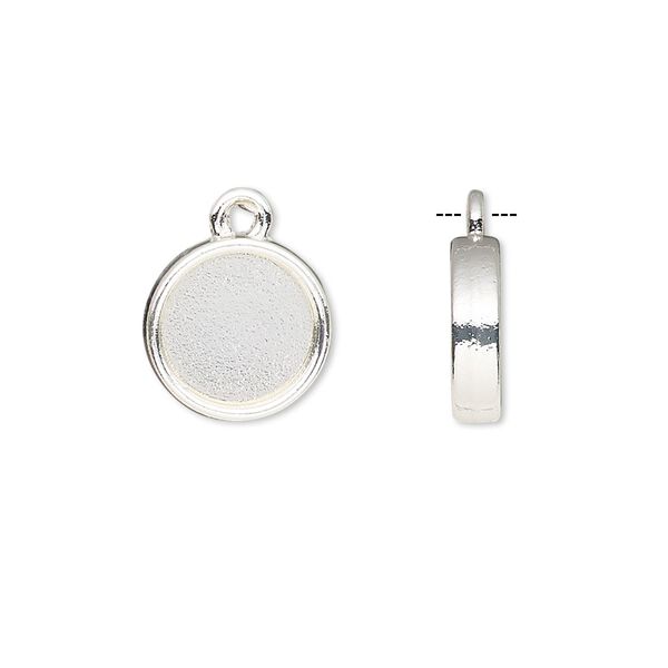 Drop, silver-finished brass, 12mm double-sided round with 10mm round setting. Sold per pkg of 10. image number 0