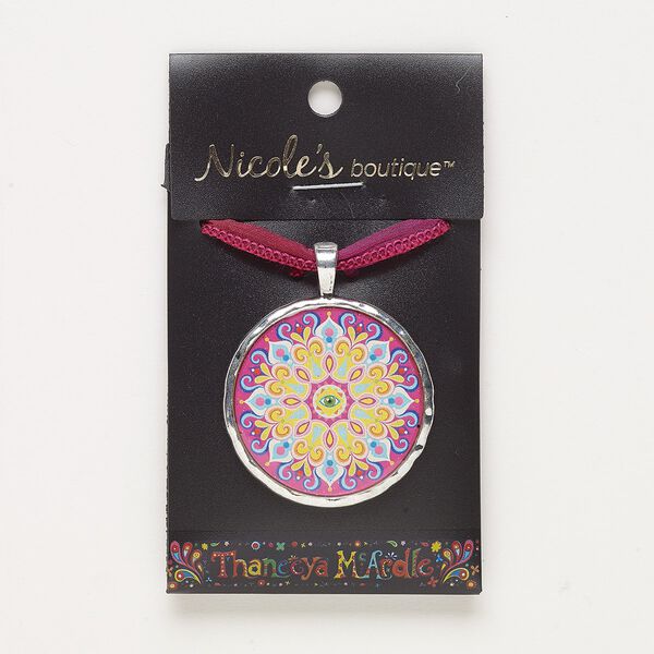 Necklace, ribbon / resin / antique silver-finished "pewter" (zinc-based alloy), multicolored, 36mm round with evil eye design and glitter, adjustable from 14 to 26 inches with slide knot closure. Sold individually. image number 0