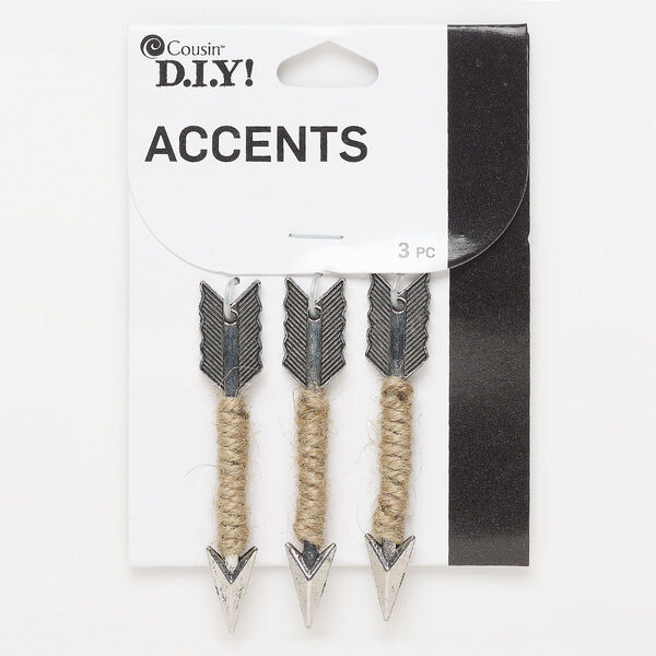 Focal, antique silver-finished "pewter" (zinc-based alloy) and twine, brown, 61x11mm double-sided arrow. Sold per pkg of 3. image number 0