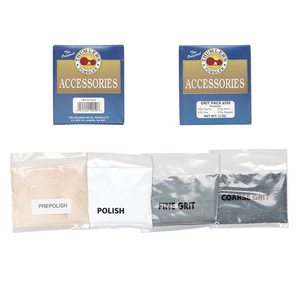 Tumbling abrasive, silicone carbide and aluminum oxide, coarse / fine / pre-polish / polish compound, 12 ounces. Sold per 4-piece set. image number 0