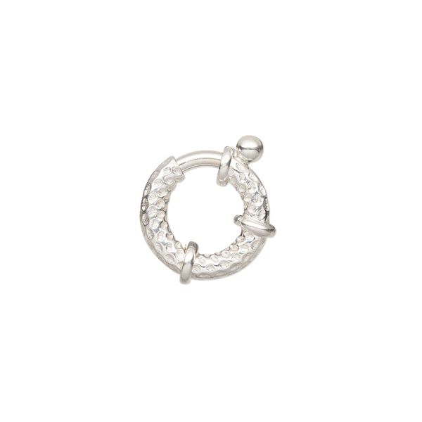 Clasp, springring, sterling silver, 14mm dotted round. Sold individually. image number 0