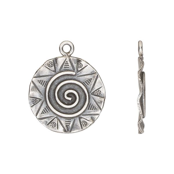 Drop, Hill Tribes, antiqued sterling silver, 19mm single-sided wavy round with swirl pattern and star design. Sold individually. image number 0