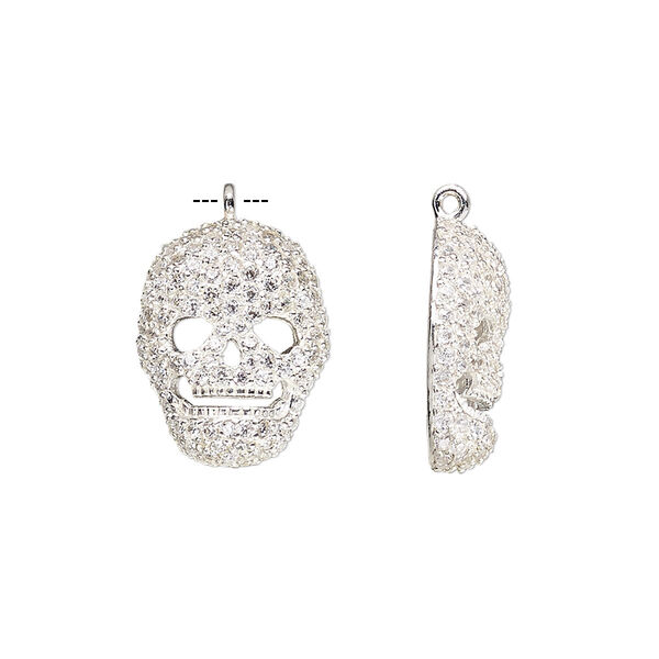 Charm, cubic zirconia and sterling silver, clear, 16x13mm skull with cutout. Sold individually. image number 0