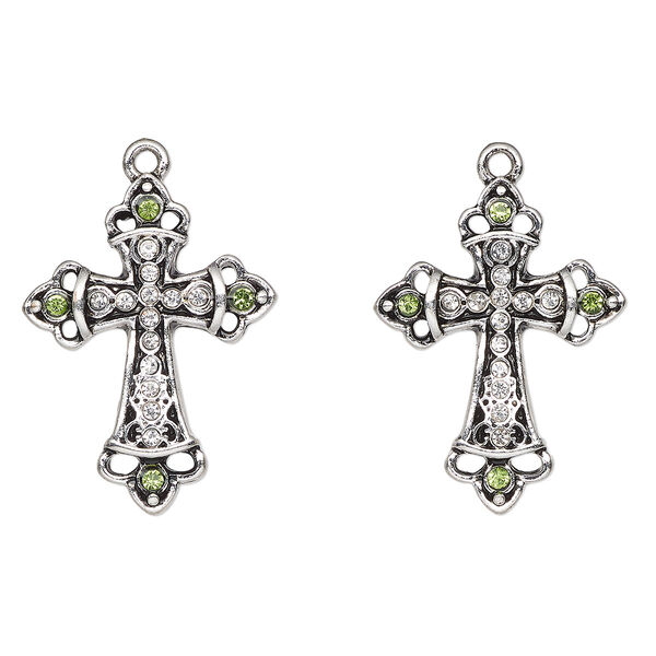 Drop, antique silver-finished "pewter" (zinc-based alloy) and glass, clear and green, 29x22mm fancy cross. Sold per pkg of 2. image number 0