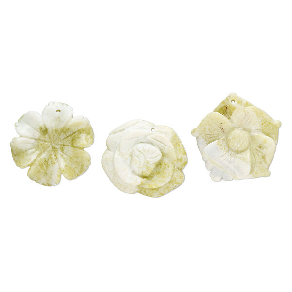 Peridot new "jade" 1pkg3, top-drilled carved flower focal natural B- grade, mix 40x34mm-40x40mm image number 0