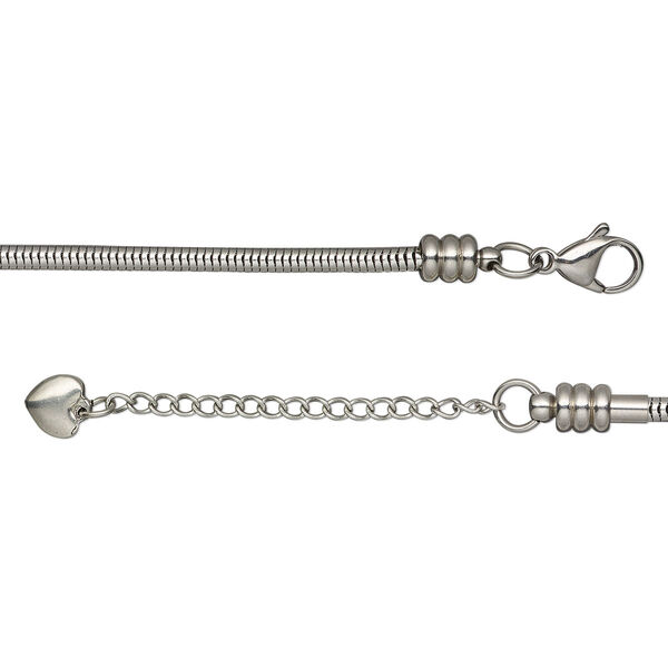 Necklace, Dione® Easy-On Chain, stainless steel, 3.1mm snake, 24 inches with 3.8mm threaded ends and 2-inch extender chain with 8x7.5mm heart and lobster claw clasp. Sold individually. image number 0