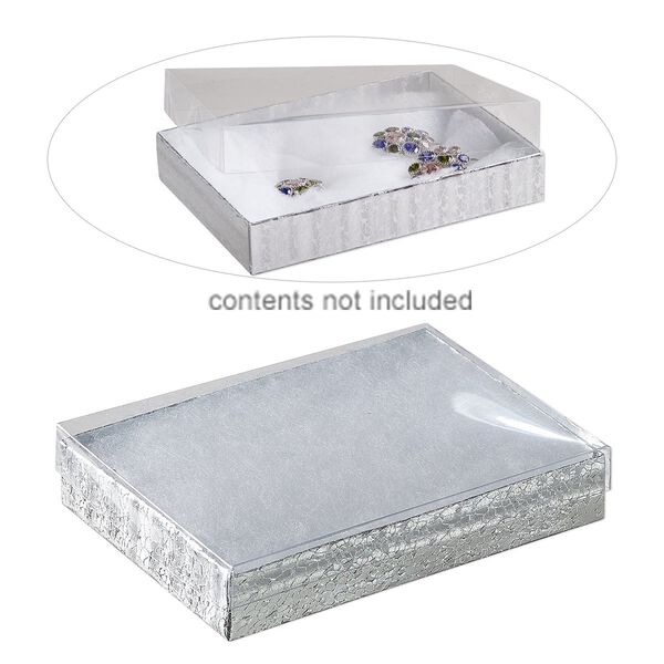 Box, plastic and paper, "cotton"-filled, silver and clear, 5-3/8 x 3-7/8 x 1-inch rectangle. Sold per pkg of 10. image number 0