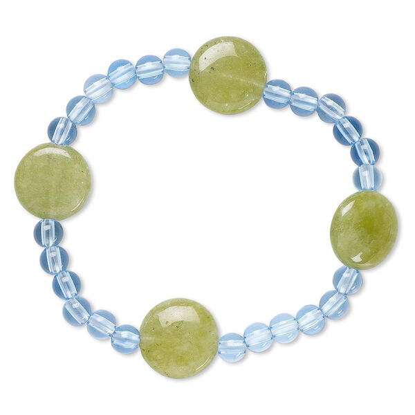 Bracelet, stretch, quartz (dyed) and acrylic, blue and green, 5mm round and 15-16mm puffed flat round, 7 inches. Sold individually. image number 0