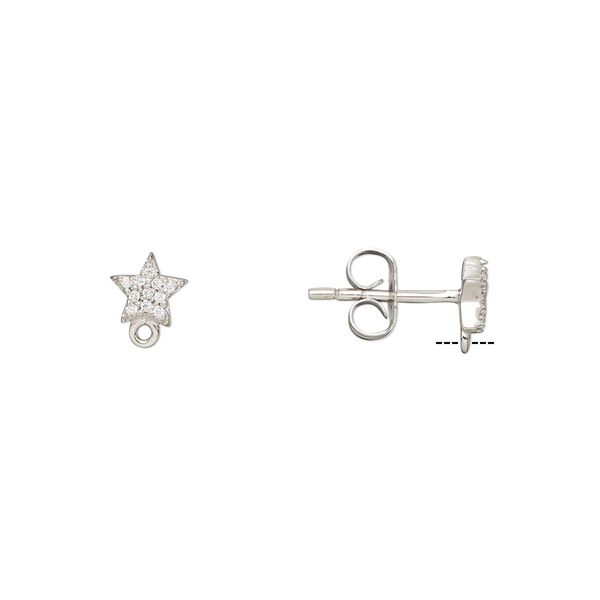 Earstud 1pkg2 rhodium-plated sterling silver / cubic zirconia, 6x5.5mm star / closed loop / earnuts, clear 1 pair image number 0