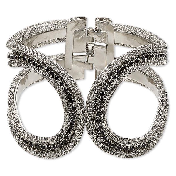 Bracelet, hinged bangle, glass rhinestone and antique silver-finished steel, black, 68mm wide with oval design, 6-1/2 inches. Sold individually. image number 0