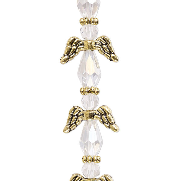 Bead, crystal and antique gold-finished "pewter" (zinc-based alloy), translucent clear AB, 17x14mm angel. Sold per pkg of 6. image number 0