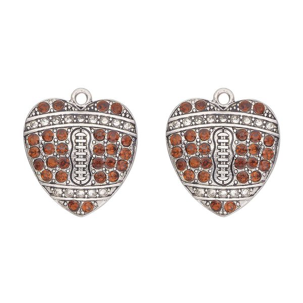 Charm, antique silver-finished "pewter" (zinc-based alloy) and glass, clear and brown, 23x22mm single-sided heart with "football pattern". Sold per pkg of 2. image number 0