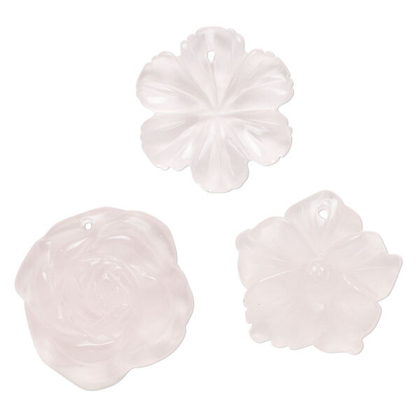 Drop mix, glass, translucent pink, 23x20mm-26x25mm top-drilled carved flower. Sold per pkg of 3. image number 0