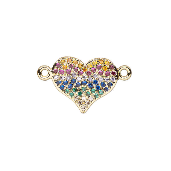Link, cubic zirconia and gold-finished brass, multicolored, 14.5x12mm single-sided heart. Sold individually. image number 0