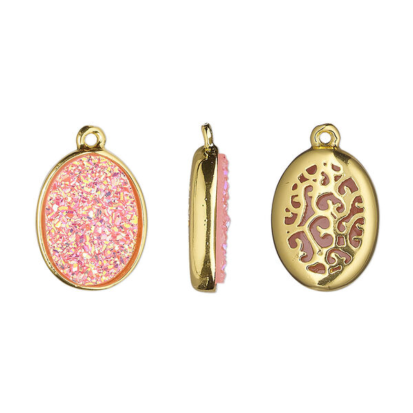 Drop, Druzylite™, "druzy" (resin) and gold-finished brass, pink, 15.5x11.5mm two-sided oval with open filigree back. Sold per pkg of 4. image number 0