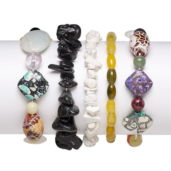 Multi-gemstone 1pkg5, mixed shape stretch bracelet 6.5 inch mix 6x1mm-30x20mm image number 0