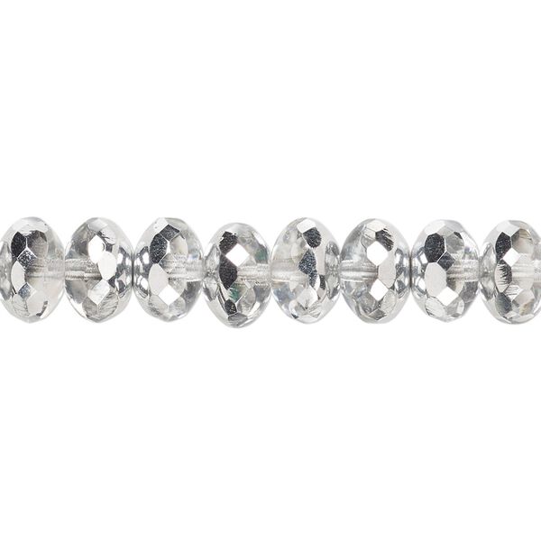 Bead, Czech fire-polished glass, translucent metallic silver, 9x5mm faceted rondelle. Sold per 15-1/2" to 16" strand. image number 0