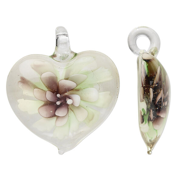 Focal, lampworked glass, lime and purple, 45x42mm single-sided heart with flower. Sold individually. image number 0