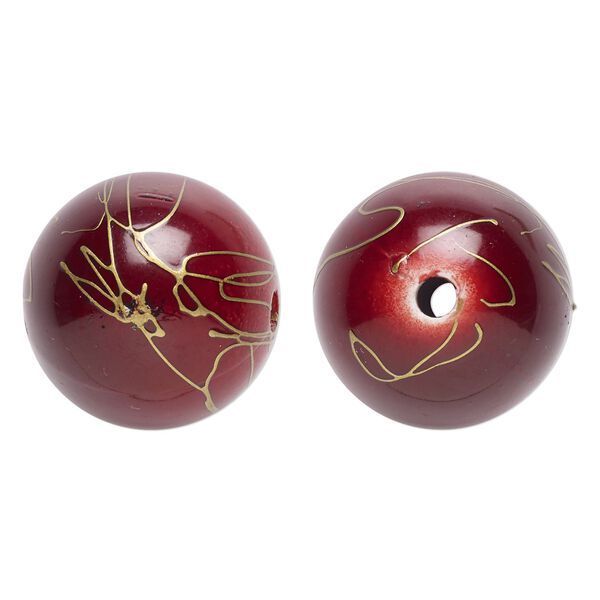 Bead, acrylic, red and gold, 26mm round with swirls. Sold per pkg of 10. image number 0