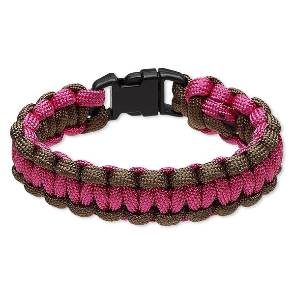Bracelet, nylon paracord and plastic, pink / brown / black, 18mm wide survival, 6-1/2 inches with buckle clasp. Sold individually. image number 0