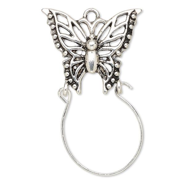Focal, antique silver-finished "pewter" (zinc-based alloy) and steel, 45x27mm single-sided charm holder with 27x23mm butterfly. Sold per pkg of 2. image number 0