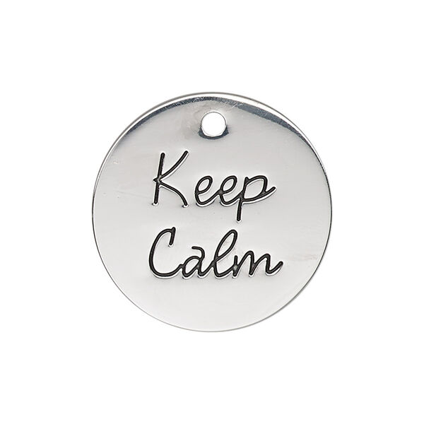 Charm, antique silver-finished "pewter" (zinc-based alloy), 25mm single-sided flat round with "Keep Calm." Sold individually. image number 0