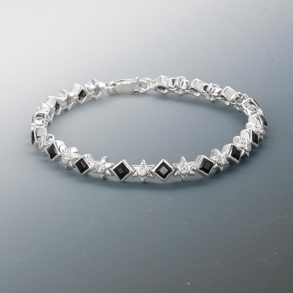 Bracelet, black onyx (dyed) / cubic zirconia / sterling silver, 4x4mm faceted square and star with 2mm faceted round, 7-1/2 inches with lobster claw clasp. Sold individually. image number 0
