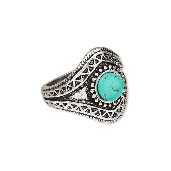 Ring, magnesite (dyed / stabilized) and antique silver-plated "pewter" (zinc-based alloy), blue, 22mm wide with 8mm round, size 8. Sold individually. image number 0