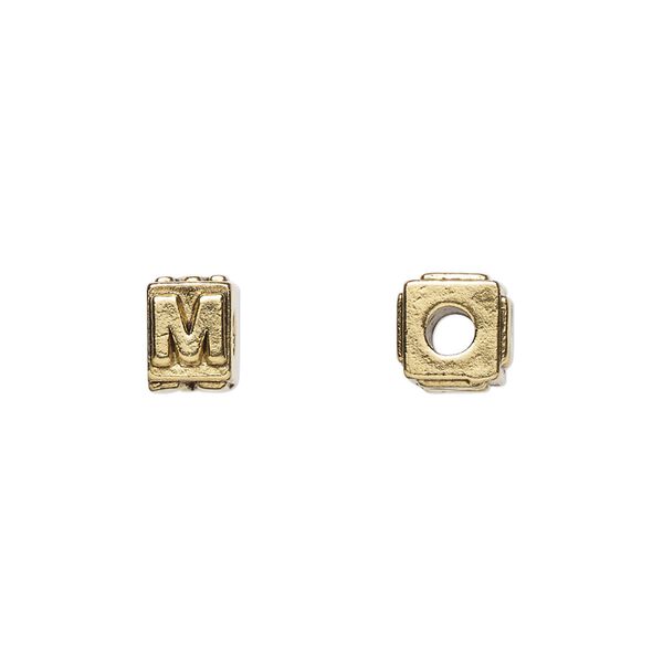 Bead, antique gold-plated pewter (tin-based alloy), 8x6mm rectangle with alphabet letter "M." Sold per pkg of 4. image number 0