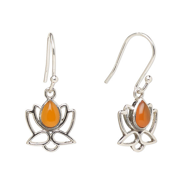 Earring, Create Compliments®, antiqued sterling silver and carnelian (dyed/heated), fishhook, 26.5mm with 12mm single-sided open lotus, 21 gauge. Sold per pair. image number 0