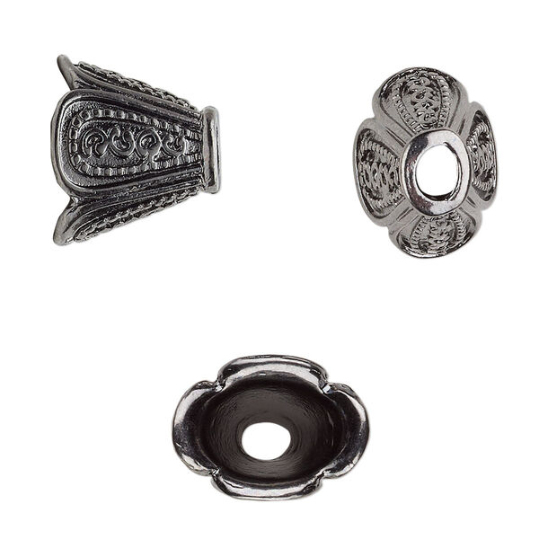 Cone, gunmetal-finished "pewter" (zinc-based alloy), 16x13x12mm flat oval flower, 10.5x7mm inside diameter. Sold per pkg of 6. image number 0