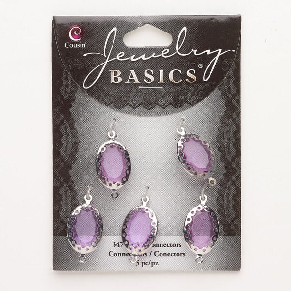 Link, brass and acrylic, pkg/5, silver finish and purple, 19x14mm faceted oval. image number 0