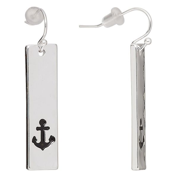 Earring, antique silver-finished "pewter" (zinc-based alloy), 40mm fishhook with 33.5x9mm rectangle with anchor design, 21 gauge. Sold per pair. image number 0