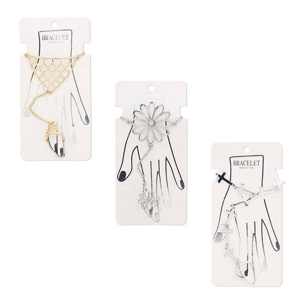 Bracelet, cufflet, gold- and imitation rhodium-finished steel and "pewter" (zinc-based alloy), scallop triangle / flower / cross, 3-5 inch hand chain, 7 inches with 2-inch extender chain and lobster claw clasp, adjustable ring size 8. Sold per pkg of 3. image number 0