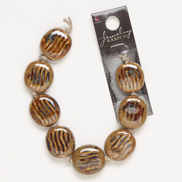 Bead, ceramic, pkg/8, brown and dark brown, 20x19mm-24x21mm puffed flat round. image number 0