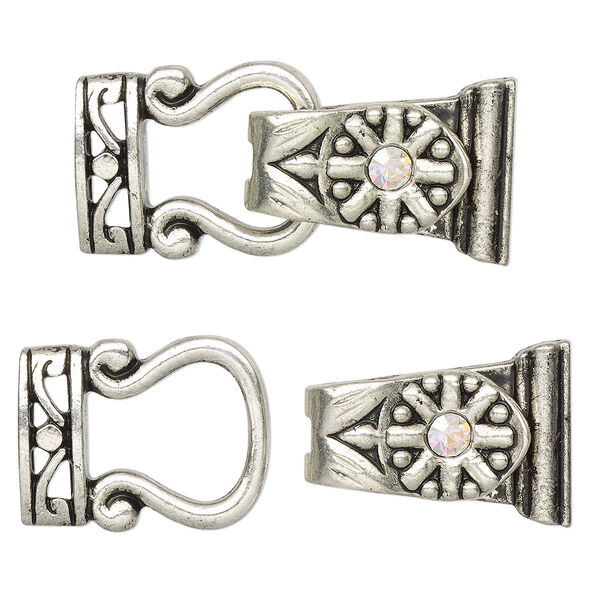 Clasp, magnetic, silver-finished "pewter" (zinc-based alloy) and glass, clear AB, 29x13mm 2-strand fold-over. Sold per pkg of 2. image number 0