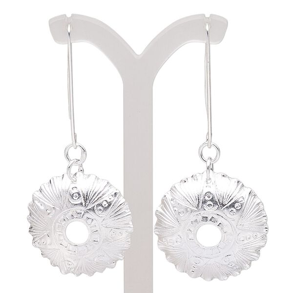 Earring, Hill Tribes, silver-plated copper, 2-3/4 inches with domed round and fancy design with ear wire. Sold per pair. image number 0