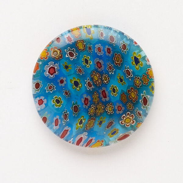 Focal, millefiori glass, pkg/1, 30mm top-drilled puffed flat round, translucent aqua blue and multicolored. image number 0