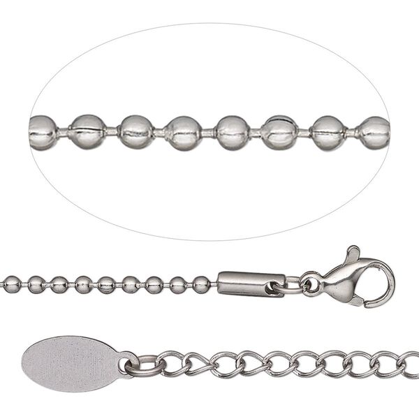 Chain, stainless steel, 2mm ball, 18 inches with 2-inch extender chain and lobster claw clasp. Sold individually. image number 0
