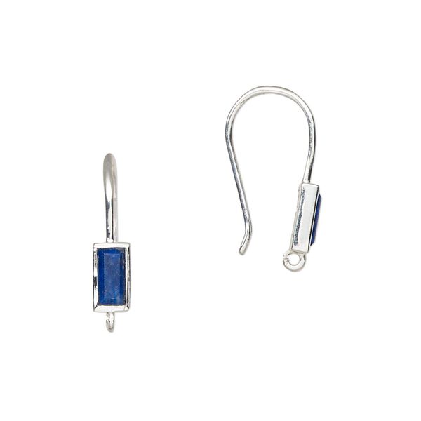 Ear wire fishhook 1pkg2 sterling silver / lapis lazuli (natural), 16mm / 7x4mm hand-cut rectangle / open loop, 20 gauge 1 pair image number 0