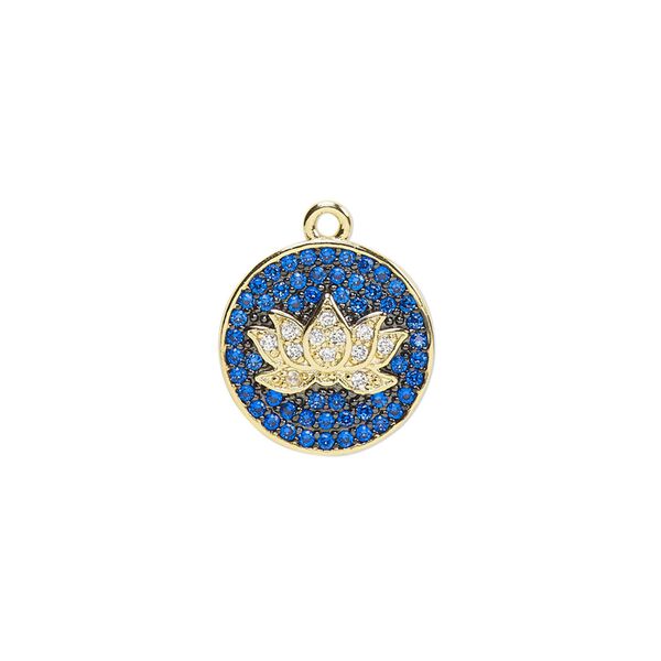 Drop, cubic zirconia and gold-finished brass, blue and clear, 14.5mm single-sided round with lotus flower design. Sold individually. image number 0