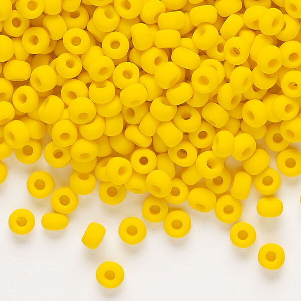 Seed bead, Dyna-Mites™, glass, opaque matte dark yellow, #6 round. Sold per 40-gram pkg. image number 0