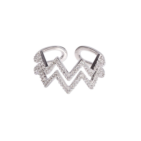 Ring, Create Compliments®, cubic zirconia and rhodium-plated sterling silver, clear, 12mm wide with zigzag, adjustable from size 8-9. Sold individually. image number 0