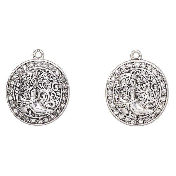 Charm, antique silver finish "pewter" (zinc-based alloy) and glass, clear, 23mm round with cowboy boot. Sold per pkg of 2. image number 0