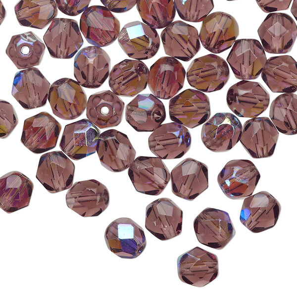 Bead 1pkg1 Czech fire-polished glass, 6mm faceted round, 1 mass translucent amethyst purple AB image number 0